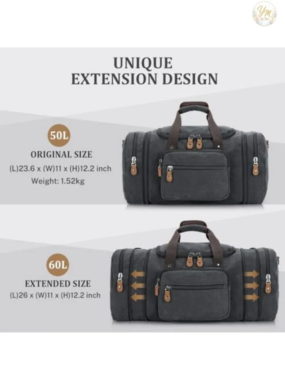 Expandable 60L Canvas Duffel Bag Travel Weekender with Pockets Carry-On Durable